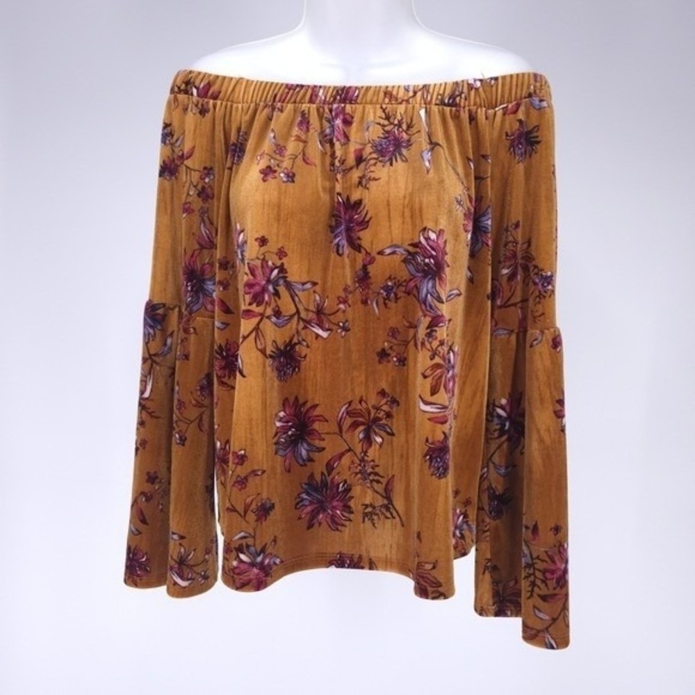Urban Romantics Mustard Yellow Floral Velvet Off Shoulder Bell Sleeve Boho Top M